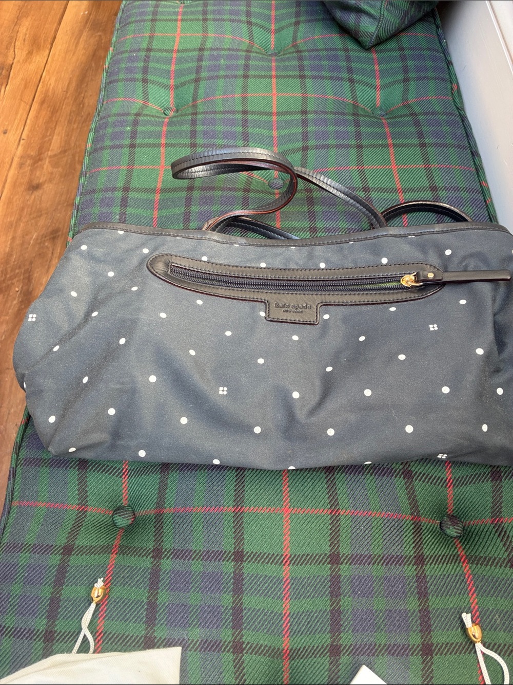Kate Spade spade black polka dot purse with leather trim
